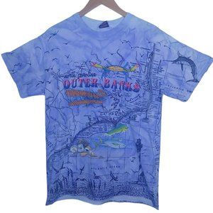 Vintage Outer Banks Map Blue Dolphin Men L T Shirt Ocean Tie Dye All Over Print
